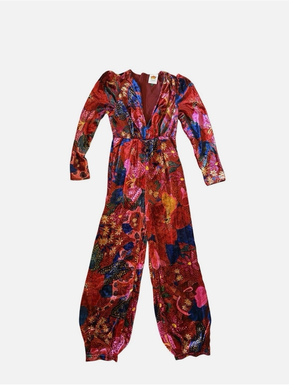 FARM Rio, Floral Velvet Jumpsuit Long Sleeve Deep V, Size L EUC - Picture 3 of 16